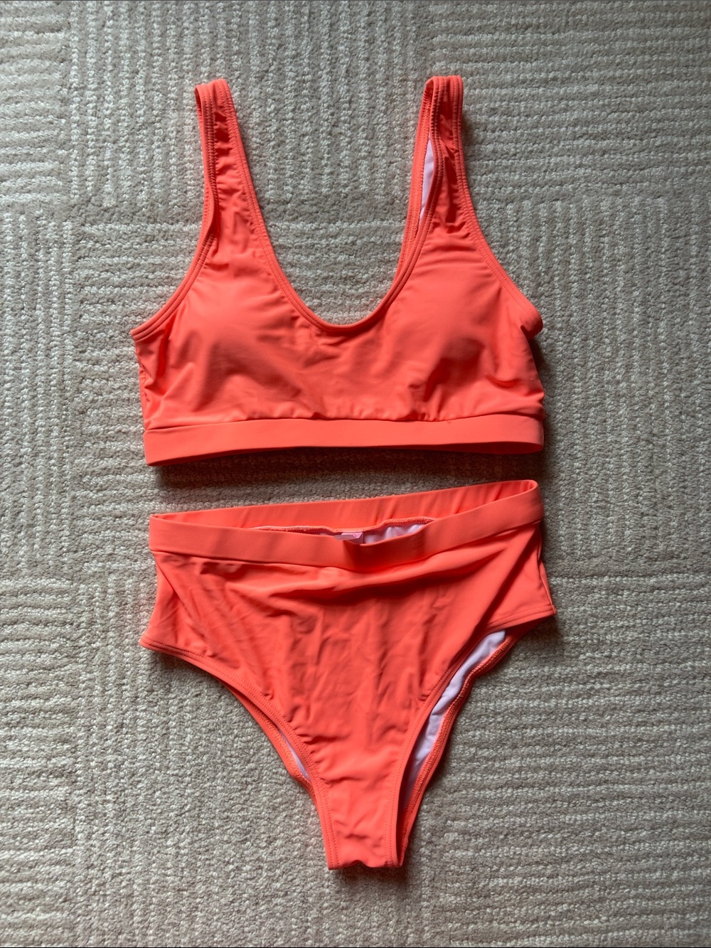 Women's High-Waist Scoop Neck Bikini Set in Coral